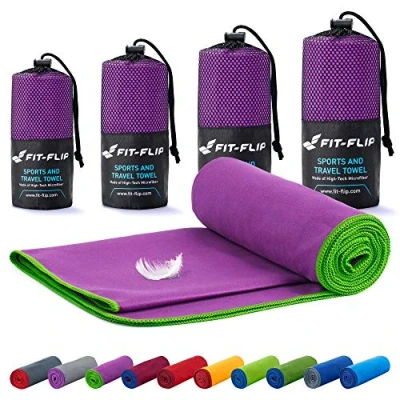 Image of Fit Flip Camping towel ultra lightweight &amp; compact microfibre quick dry sports for gym the perfect beach, travel swim (50x110cm purple green edge)