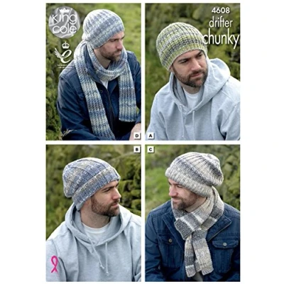 Image of King Cole Mens Hats &amp; Scarves Drifter Knitting Pattern 4608 Chunky