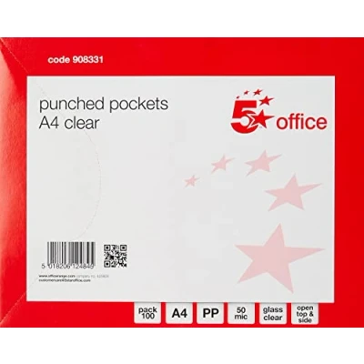 Image of 5 Star Punched Pocket Polypropylene Top and Side opening 60 Micron A4 Glass Clear [Pack of 100]