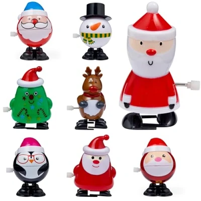 Image of THE TWIDDLERS 8 Christmas Wind Up Toys, Stocking Fillers Assorted Xmas Designs Snowman, Santa, Reindeer, Party Gift Bag Filler for Kids, 8cm x 5cm