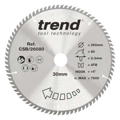 Image of Trend Wood Circular Saw Blade, 260mm Diameter, 30mm Bore, 80 Teeth, 2.3mm Kerf, +5 Hook, TCT, Extra Fine Finish, CSB/26080