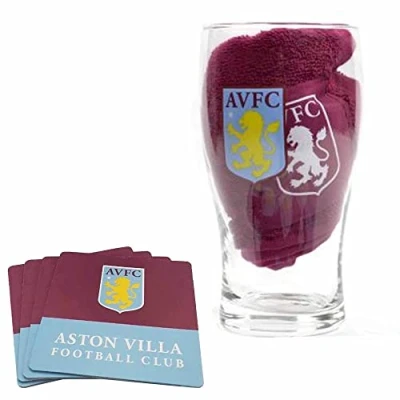 Image of Official Aston Villa Pint Glass Mini Bar Set With Coasters &amp; Towel, Glass, Beer Tankard