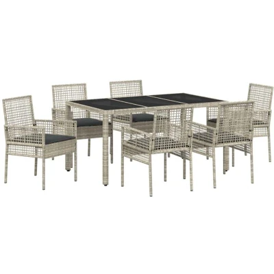 Image of vidaXL 7 Piece Garden Dining Set with Cushions Light Grey Poly Rattan