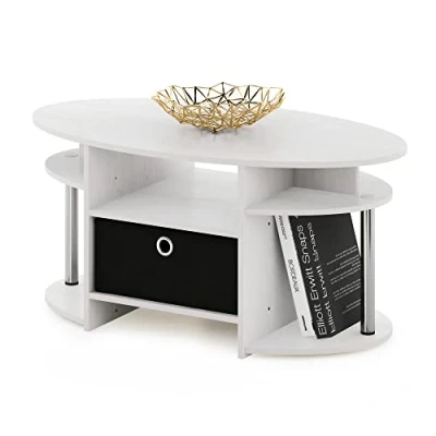 Image of Furinno Simple Design Oval Coffee Table with Bin, Engineered Wood, White Oak/Chrome/Black, 89.9 (W) x 41.7 (H) 50 (D) cm