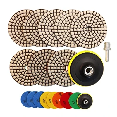 Image of HIGHDRIL Dry Diamond Polishing Pad 8PCS (#50x3/#100x2/#200/#400/#800) 100MM with Plastic Backer + M14 Adapter for Granite Stone Marble Floor Polish Kit Drill, Grinder, Polisher