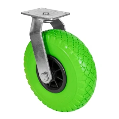Image of WAGNER swivel castor PUNCTURE PROOF PU foamed wheel, green/black, diameter wheel 260 mm, rim 75 mounting plate 115 x 110 load capacity 100 kg 04826601