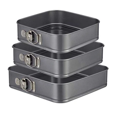 Image of Relaxdays Springform Square Set of 3, Nonstick, Angular Cake Pans, Carbon Steel Baking Tin, 24, 26 &amp; 28 cm, Anthracite