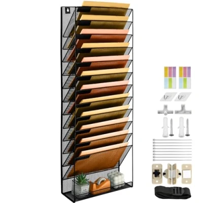 Image of PLSOPPKG 13 Tier Hanging Wall File Holder, Metal Mesh Magazine Rack, A4 Pocket Mail Organiser Storage Mounted Organizer, Black