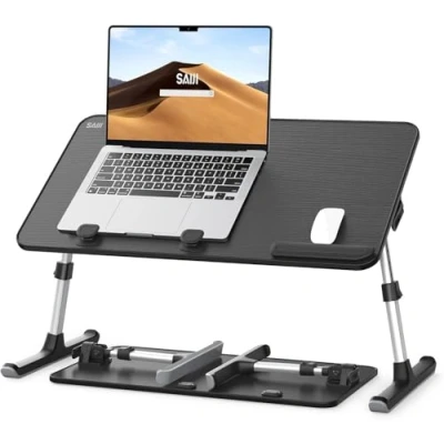Image of Desk, Table, SAIJI Folding 5 Heights Adjustable Laptop Stand, Breakfast Bed Tray for Sofa, Bed, Terrace, Balcony (52 * 30cm Black)