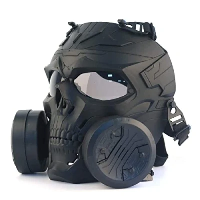 Image of Paintball Mask, Tactical Full Face Dummy Gas Style Mask Skull CS with Double Turbo Fan For Cosplay Halloween Wargame Masquerade (Black Grey Lens)