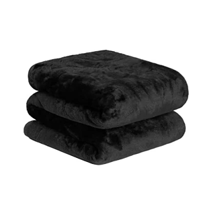Image of Dreamscene Luxury Faux Fur Mink Fleece Throw Over Sofa Bed Soft Warm Blanket, Black, 200 x 240 cm, King, Large