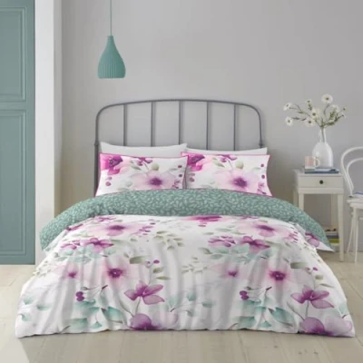 Image of Floral Duvet King Size Covers Set 4 Piece Reversible Leaf Bedding (5x230x220 cm) Hypoallergenic Printed Fitted Sheet with Pillow Cases