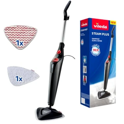 Image of Vileda Steam PLUS Cleaner with Microfibre Cover and PowerPad, Hygienic Floor Cleaning, Removes up to 99.9% of Bacteria Viruses, for All Floors, Ideal Carpets, Eco Packaging