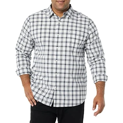 Image of Amazon Essentials Men&#039;s Long Sleeved Regular Fit Stretch Poplin Shirt, Navy White Plaid, XS