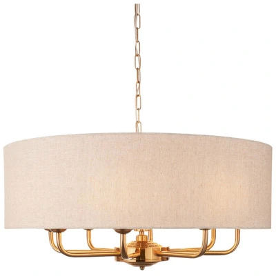 Image of Highclere Multi Arm Pendant Ceiling Light Vintage Brass, Natural Linen, 8x E14