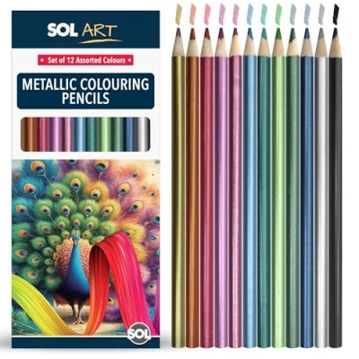Image of SOL 12pk Metallic Colouring Pencils, Assorted Premium Pencil Colours for Adults and Children, Ideal Sketching, Colouring, &amp; Crafting Acitivity, Blendable Pencils Kids
