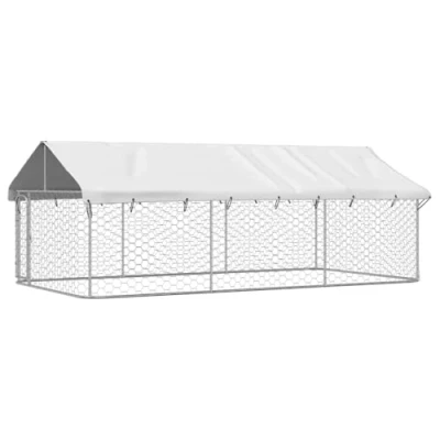 Image of &#039;vidaXL Outdoor Dog Kennel Large Exercise Space with Protective Canopy, Galvanised Steel Construction, Lockable Door Silver