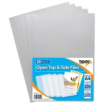 Image of 75 Pack of 200 Micron Tiger Clear A4 Report Files Cut Flush Document Folder Open Top &amp; Side