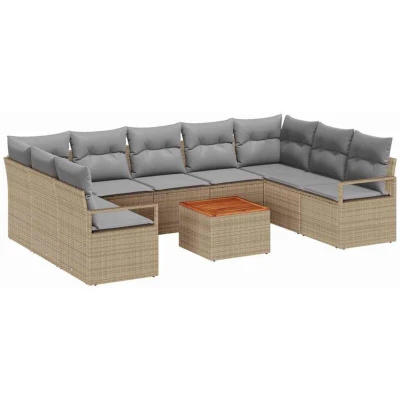 Image of vidaXL 10 Piece Garden Sofa Set with Cushions Beige Poly Rattan Acacia