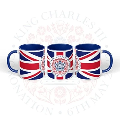 Image of Print Maniacs Kings Coronation Mug 2023 Official Union Jack 11oz King Charles III Commemorative Souvenir Gift His Majesty The Royal Memorabilia Gifts (Blue Infill)