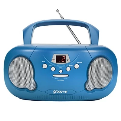 Image of groov e Orginal Boombox Portable CD Player with Radio, 3.5mm Aux Port, &amp; Headphone Socket LED Display, 2 x 1.2W Speakers Battery or Mains Powered Blue