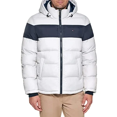 Image of Tommy Hilfiger Men&#039;s Down Alternative Hooded Puffer Jacket (Standard and Big &amp; Tall) Coat, Ice Midnight Stripe, M