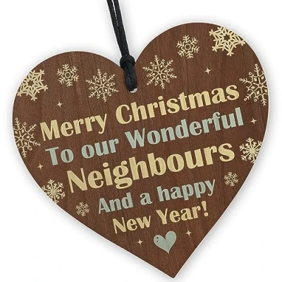 Image of Red Ocean Neighbour Christmas Friendship Gift Handmade Wooden Heart Plaque Sign For Friend Keepsake