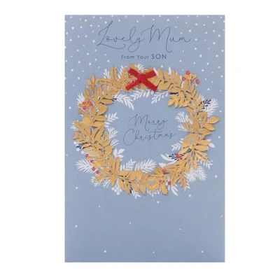 Image of UK Greetings Christmas Card for Mum from Son Blue &amp; Gold Wreath Design