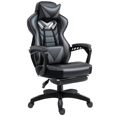 Image of Vinsetto Computer Gaming Chair, Racing Desk Chair with Lumbar Support and Footrest, PU Leather Gamer Headrest Swivel Wheels for Home, Grey