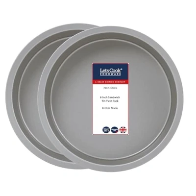 Image of Lets Cook Cookware 6 Inch Victoria Sandwich Tin Twin Pack, Fixed Base, 15cm, Air Fryer Compatible, British Made with PFOA &amp; BPA Free Non Stick
