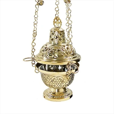 Image of NKlaus incense burner brass gold chain 60cm long with bells handmade 2938