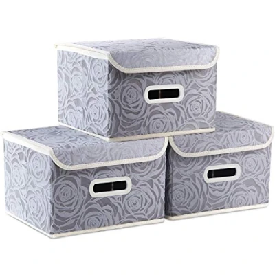 Image of PRANDOM Collapsible Storage Boxes with Lids Fabric Decorative Bins Cubes Organizer Containers Baskets Cover Handles Divider for Bedroom Closet Living Room 9.8x7.9x6.7 Inch 3 Pack