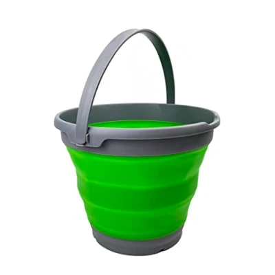 Image of SAMMART 10L Collapsible Plastic Bucket Foldable Round Tub Portable Fishing Water Pail Space Saving Outdoor Waterpot. Size 31cm Dia (Grey/Bamboo Green)
