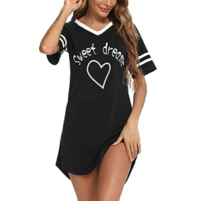 Image of Litherday Women&#039;s Nightdresses Nightshirt Cotton Nightwear Comfy Nighties Sleepwear Short Sleeve Pajama Night Dress Nightgown Loungewear(Black,XL