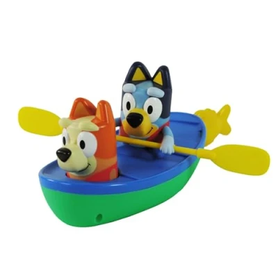 Image of Toomies Bluey Canoe and Bingo Toddler Bath Toys in with Pull Cord Activated Paddling Action Officially Licensed ToddlerToys for 18 Month Old Plus