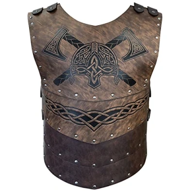 Image of HiiFeuer Viking Faux Leather Embossed Helmet Axe Chest Armor, Retro Medieval Knight Armor for LARP/Cosplay (Brown A)