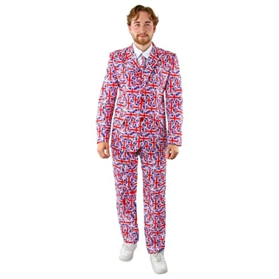 Image of Adults Union Jack Suit Large Jacket and Trousers King&#039;s Coronation, VE Day, Jubilee, Britain Fancy Dress Costume Blue