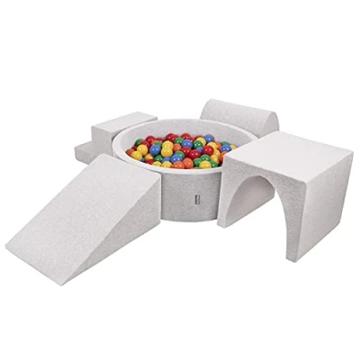 Image of KiddyMoon Foam Playground For Kids With Round Ballpit (200 Balls ∅ 7Cm/2.75In) Soft Obstacles Course And Ball Pool Made In EU, Lightgrey:Yellow/Green/Blue/Red/Orange