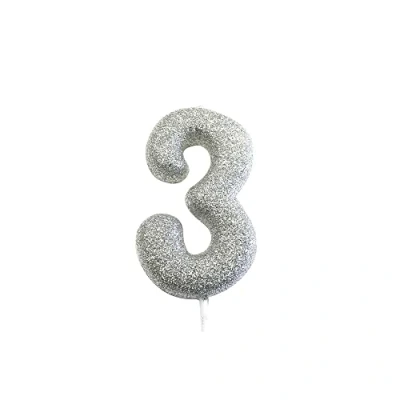 Image of Anniversary House Metallic Silver Glitter Candle, Number 3, 3rd Birthday Cake Topper, 7 Centimeters, AHC40/3