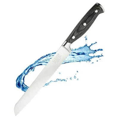 Image of Sabatier Professional Broad Serrated Bread Kitchen Knife 8in/20cm Full Tang Taper Ground Stainless Steel Blade. Unique Grey Pakkawood Triple Rivet Handle. Lifetime Performance 25yr Guarantee