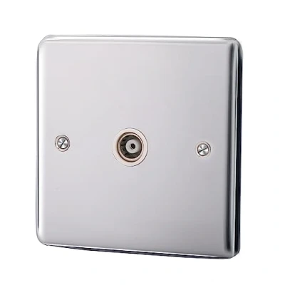 Image of ASAB 1 Gang TV Socket Outlet Isolated Coaxial PGM 33629 Brushed Steel Standard UK Easy Installation Commercial and Residential Use Design Smooth Sleek Round Corners