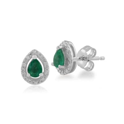 Image of Classic Pear Emerald &amp; Diamond Halo Stud Earrings in 9ct White Gold