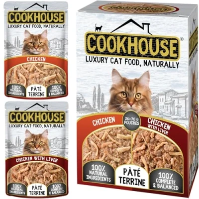 Image of COOKHOUSE 100% Natural &amp; Complete Luxury Wet Cat Food 36 x 70g Pouches Chicken Breast/Chicken Breast with Liver Pate Terrine