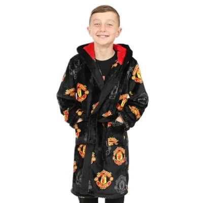 Image of Manchester United Boys Official F.C. Dressing Gown Fleece Hooded Kids Robe (6 7 Years)