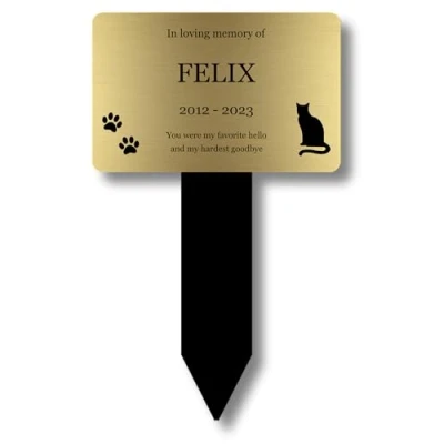 Image of Personalised Pet Cat Memorial Stake, Grave Marker or Outdoor Decoration/Ornament for the Garden Available in Silver/Gold/Copper/White (Various Designs) (Gold)