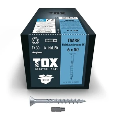 Image of TOX Timbr SK 112040416080 Wood Screws 6.0 x 80 mm Blue Galvanised with Countersunk Head TX30 for Easy Screwing and Flush Mounting in Construction Pack of 200 Includes 1x Bit