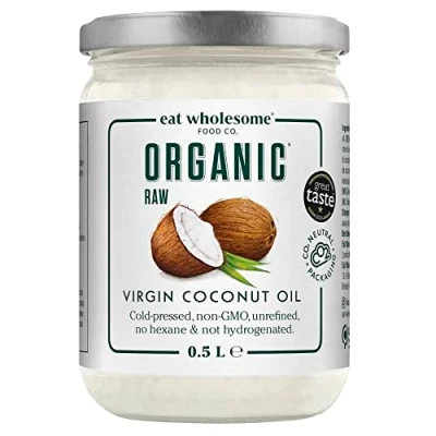 Image of Eat Wholesome Organic Virgin Coconut Oil, Raw Cold Pressed, 500 ml, Glass Jar in Box, for Cooking, Baking, Skincare &amp; Hair