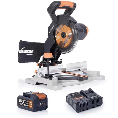 Image of Evolution Power Tools R185CMS Li Cordless Mitre Saw Multi Material Cutting, Cuts Wood with Nails, Metal, Plastic &amp; More, Bevel Angles, TCT Blade Included Battery Charger