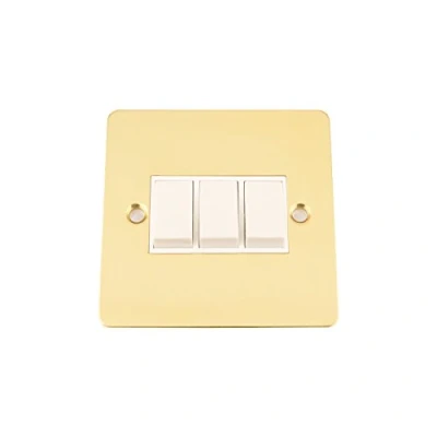Image of Light Switch 3 Gang Polished Brass Flat White Insert Plastic 10 Amp Triple 2 Way