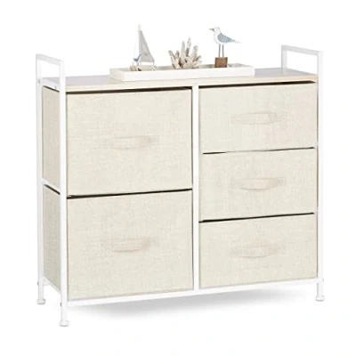 Image of Relaxdays Shelving System, Chest of Drawers, Standing Shelf with 5 Boxes, HxWxD: 77.5 x 83 29 cm, Metal and Wood, Beige, Version F
